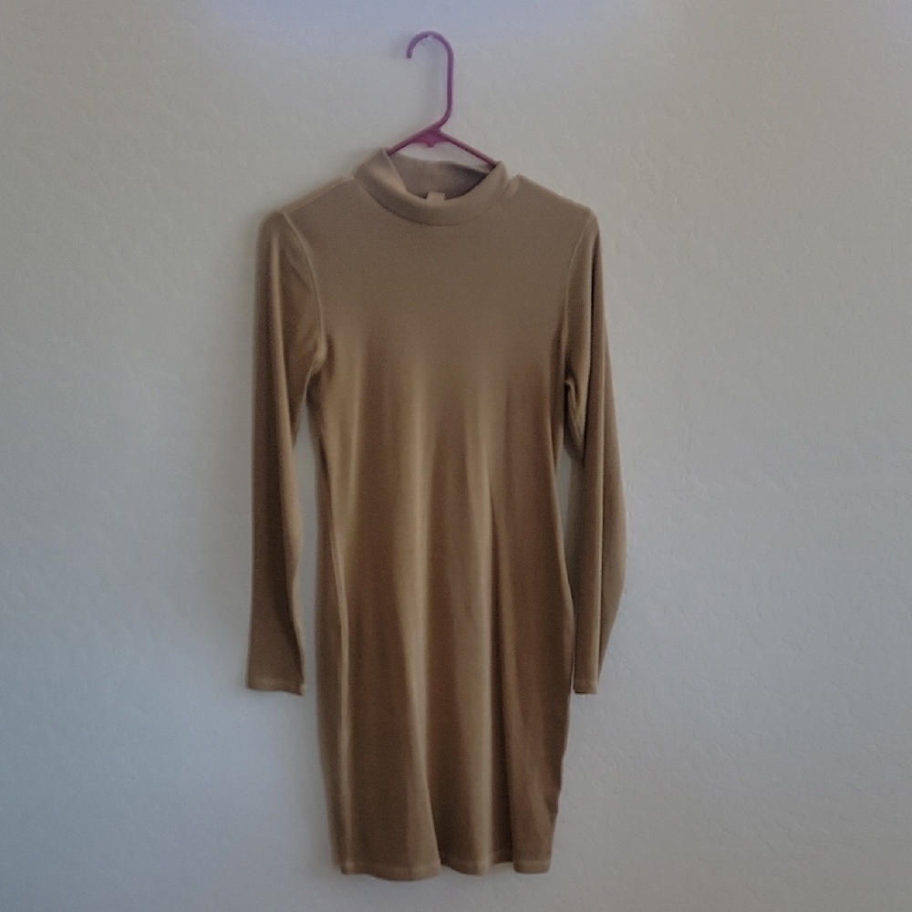 Tan Bodycon Long Sleeve Mock Neck Dress